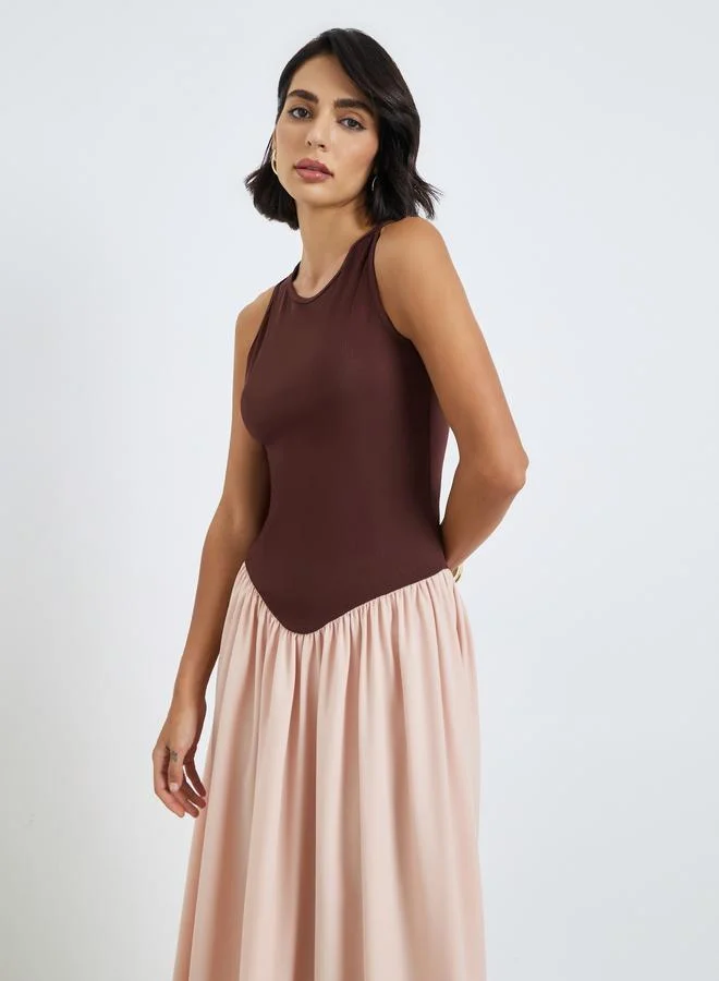 Women Brown Sleeveless A-Line Midi Dress